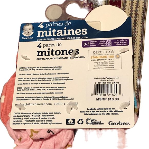 Gerber Anti-Scratch Mittens Girl Pink 4 Pack Cotton Sz 0-3 M Up to 12 lbs - Picture 4 of 5
